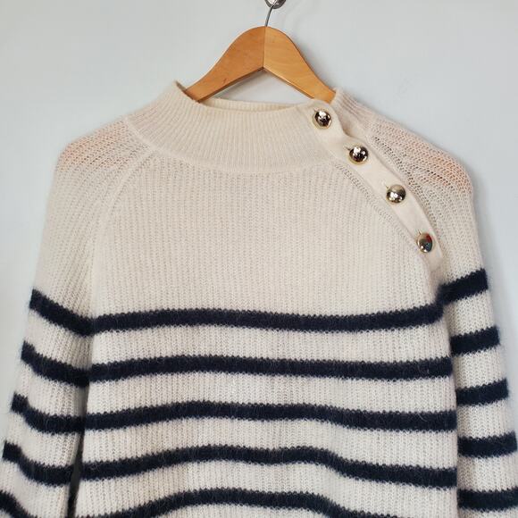 Sezane Trudy Jumper Wool Sweater Natural Navy White Striped Gold Button Small - Picture 5 of 10